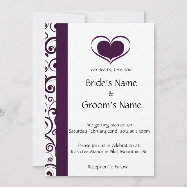 Convites Casamento Floral Roxo com Dois Corações (Frente)