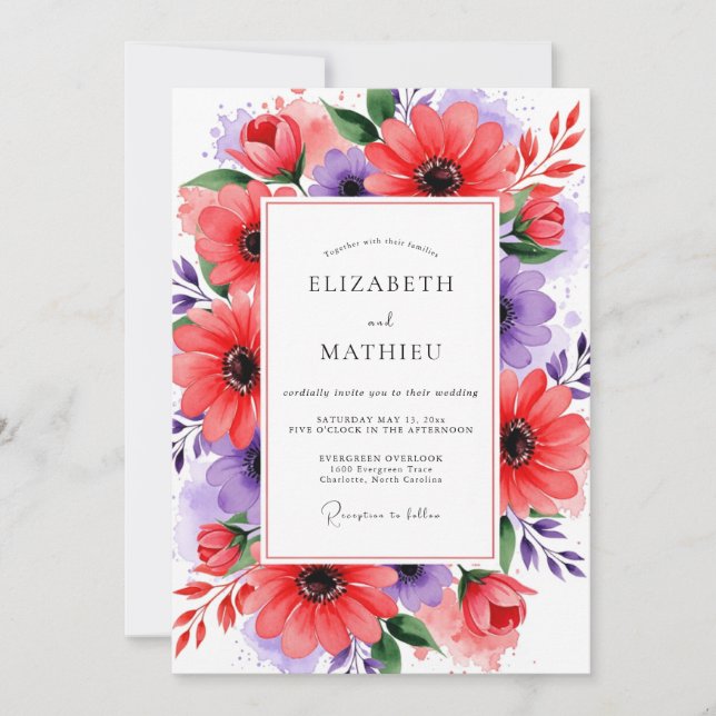 Convites Casamento Floral Roxo Coral (Frente)