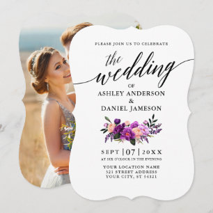 Convites Casamento floral roxo da foto da caligrafia