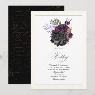 Convites Casamento Floral Roxo, Dourado e Preto Temperament