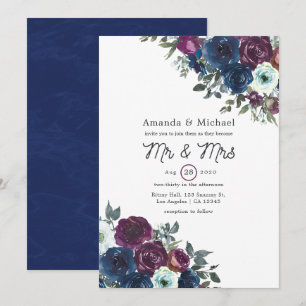Convites Casamento Floral Roxo e Azul Marinho