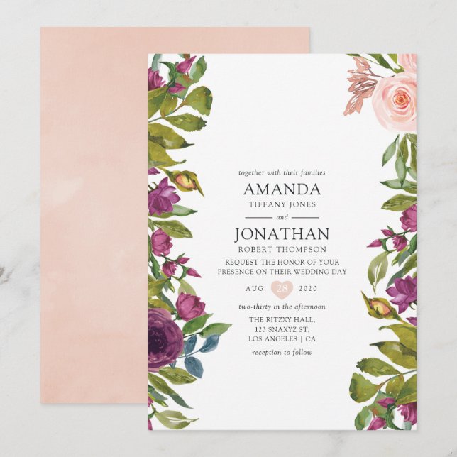 Convites Casamento Floral Roxo e Bege (Frente/Verso)