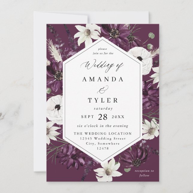 Convites Casamento Floral Roxo e Branco - Roxo V2 (Frente)