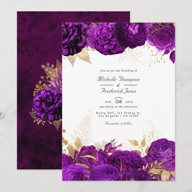 Convites Casamento Floral Roxo e Dourado (Frente/Verso)