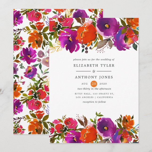 Convites Casamento Floral Roxo e Laranja (Frente/Verso)