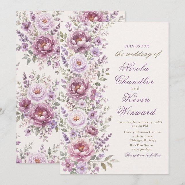 Convites Casamento Floral Roxo e Lavanda (Frente/Verso)