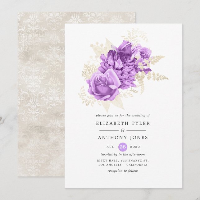 Convites Casamento Floral Roxo e Marfim (Frente/Verso)