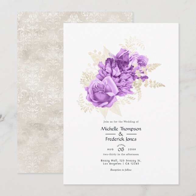 Convites Casamento Floral Roxo e Marfim (Frente/Verso)