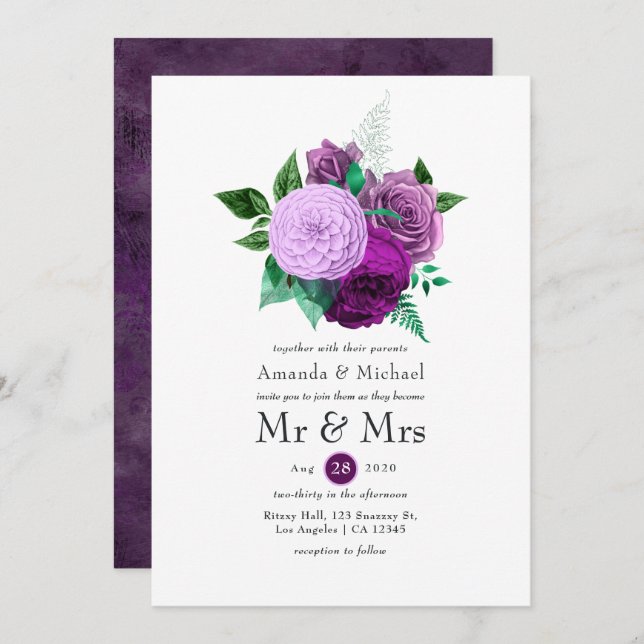 Convites Casamento Floral Roxo e Verde (Frente/Verso)