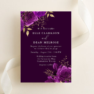 Convites Casamento Floral Roxo Elegante de Ameixa e Dourado