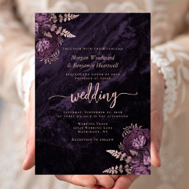 Convites Casamento Floral Roxo Elegante em Dourado Rosa