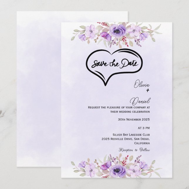 Convites Casamento Floral Roxo Elegante Salvar a Data (Frente/Verso)