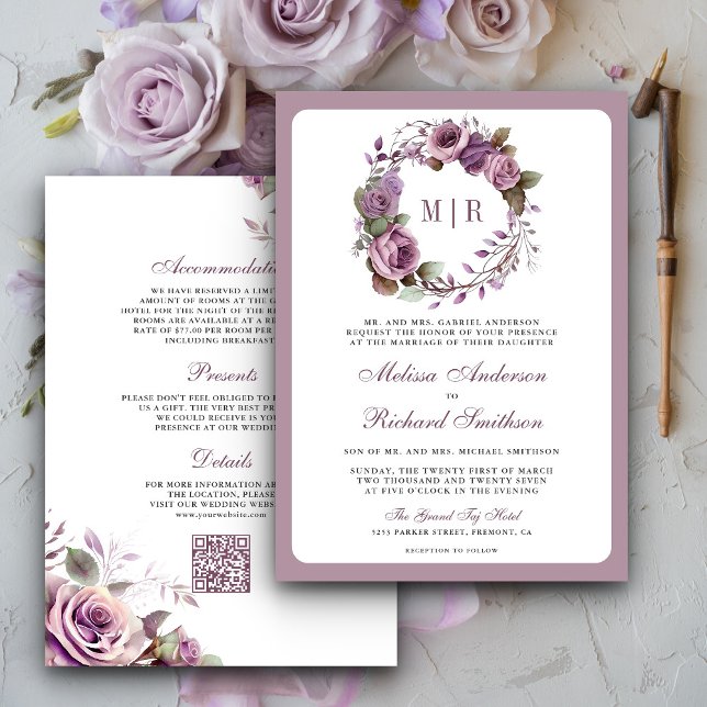 Convites Casamento Floral Roxo Empoeirado Rústico Código QR (Criador carregado)
