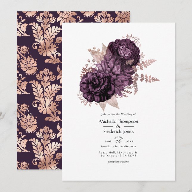 Convites Casamento Floral Roxo Escuro e Dourado Rosa (Frente/Verso)