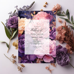 Convites Casamento Floral Roxo Escuro, Lavanda e Dourado Ro