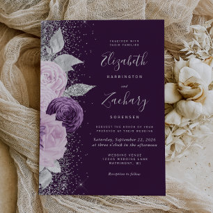 Convites Casamento Floral Roxo Fundo com Brilho Prateado