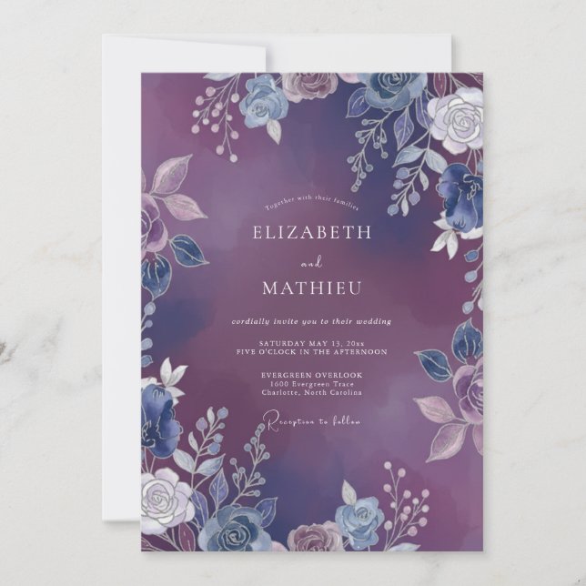 Convites Casamento Floral Roxo Índigo Mal-humorado (Frente)