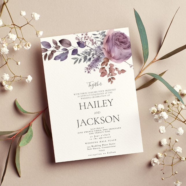 Convites Casamento floral roxo lavanda aquarela (Watercolor lavender purple pink floral wedding invitation)