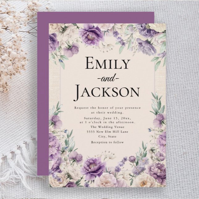 Convites Casamento Floral Roxo-Lavanda Elegante (Lavender purple and ivory floral and greenery wedding invitation)