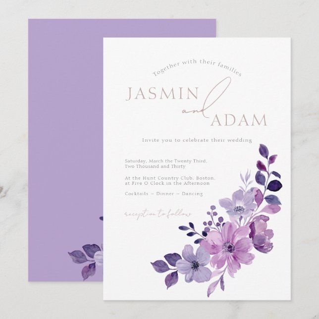 Convites Casamento Floral Roxo Lavanda Elegante (Frente/Verso)