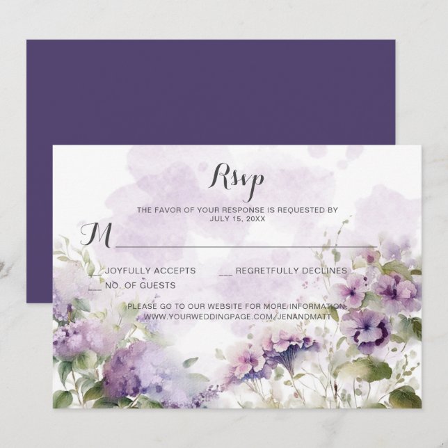 Convites Casamento Floral Roxo-Lavanda-Roxo (Frente/Verso)