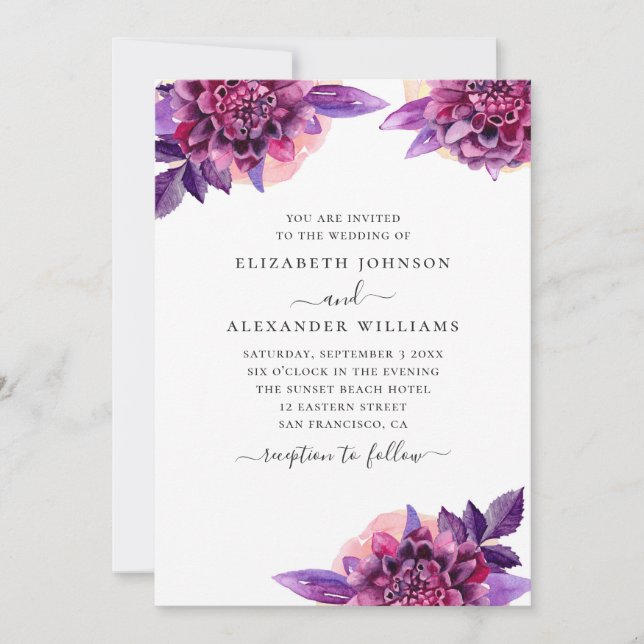 Convites Casamento floral roxo lilás e rosa em aquarela (Frente)