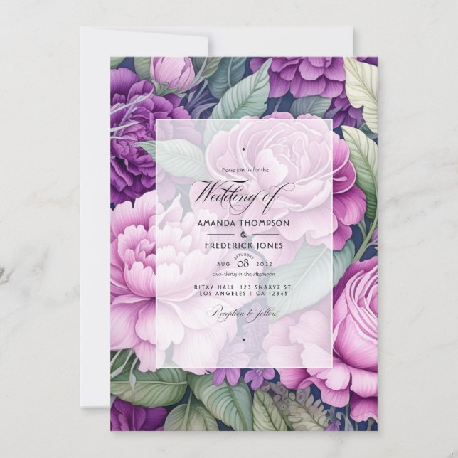 Convites Casamento Floral Roxo Malva e Verdejante (Frente)