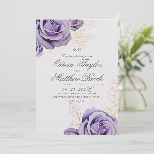 Convites Casamento Floral Roxo Moderno & Elegante (Em pé/Frente)