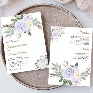 Convites Casamento Floral Roxo Pastel Empoeirado Tudo em Um