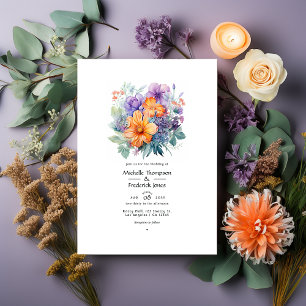 Convites Casamento Floral Roxo Pastel, Laranja e Hortelã