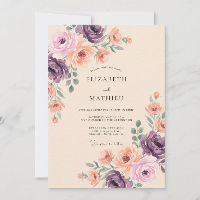 Convites Casamento Floral Roxo Pêssego (Frente)