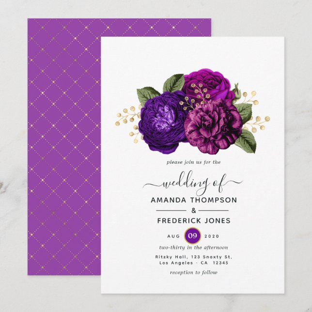 Convites Casamento Floral Roxo Real e Dourado (Frente/Verso)