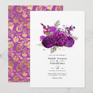 Convites Casamento Floral Roxo Real e Dourado