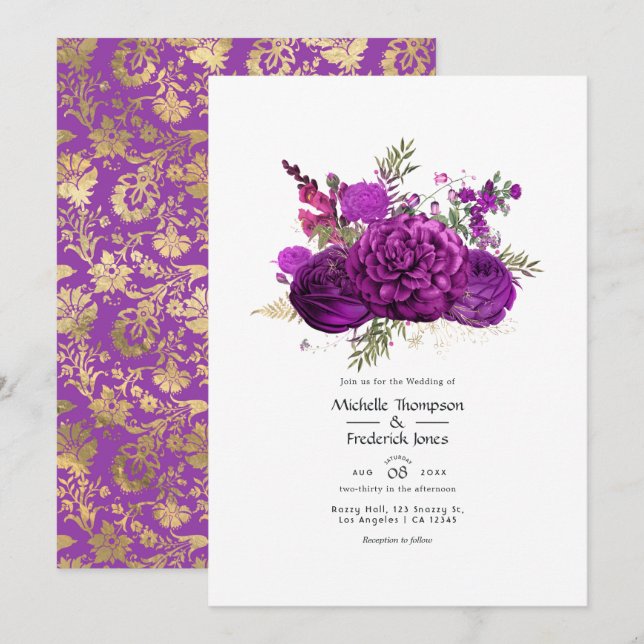 Convites Casamento Floral Roxo Real e Dourado (Frente/Verso)