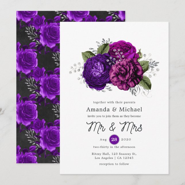 Convites Casamento Floral Roxo Real e Prata (Frente/Verso)