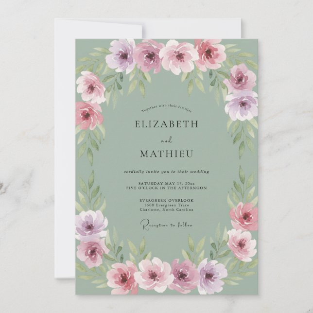 Convites Casamento Floral Roxo Rosa (Frente)