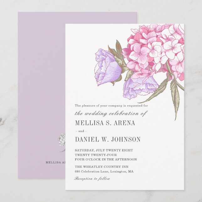 Convites Casamento Floral Roxo Rosa Elegante (Frente/Verso)