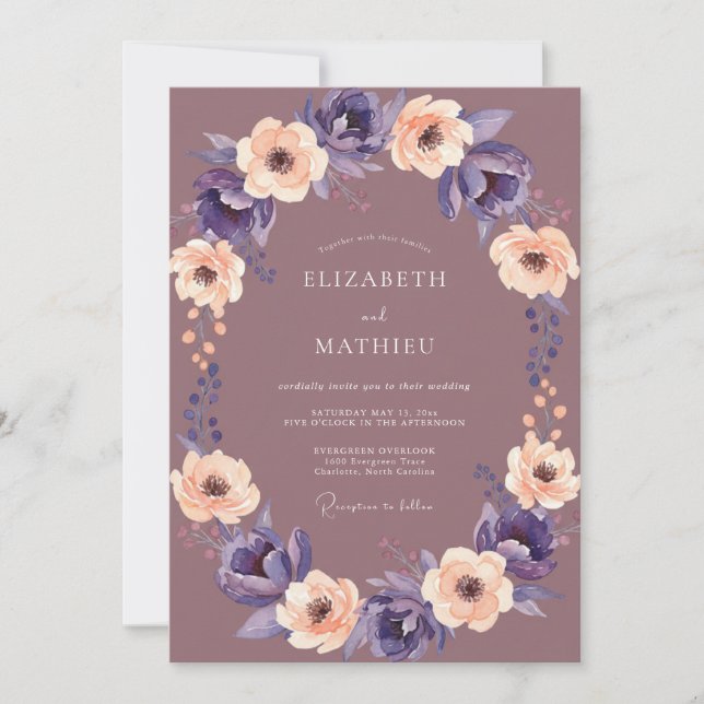 Convites Casamento Floral Roxo Rosa Pêssego (Frente)