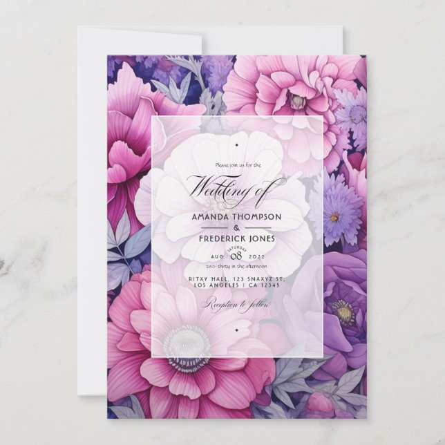 Convites Casamento Floral Roxo Rosado de Primavera (Frente)