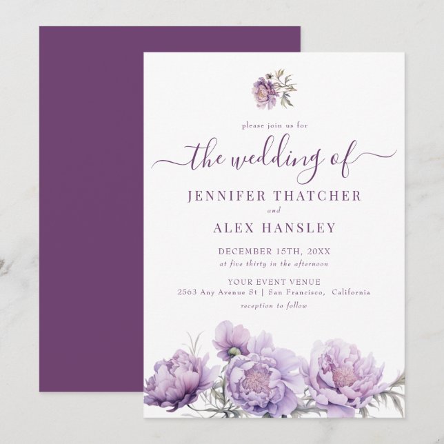 Convites Casamento Floral Roxo Rústico (Frente/Verso)