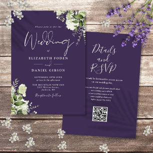 Convites Casamento Floral Roxo Rústico com Código QR
