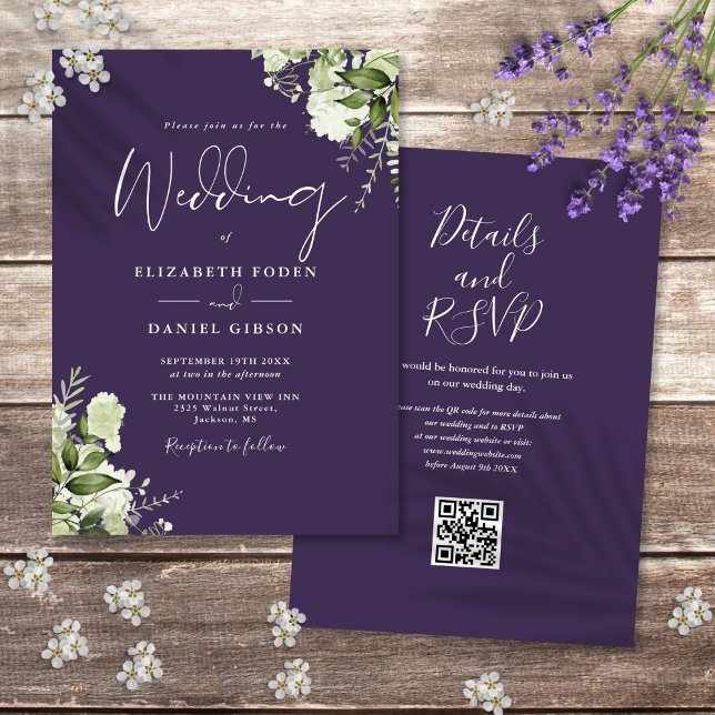 Convites Casamento Floral Roxo Rústico com Código QR (Rustic Purple Floral QR Code Wedding Invitation)