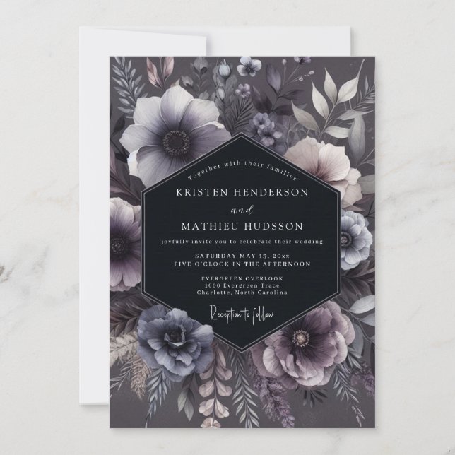 Convites Casamento Floral Roxo Slate Mal-humorado (Frente)