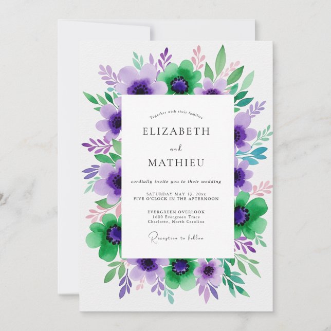 Convites Casamento Floral Roxo Verde (Frente)