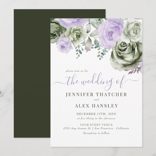 Convites Casamento Floral Roxo Verde (Frente/Verso)