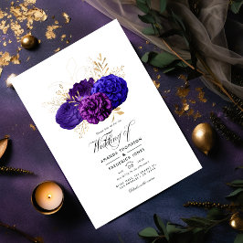 Convites Casamento Floral Roxo Vintage, Azul Real e Dourado