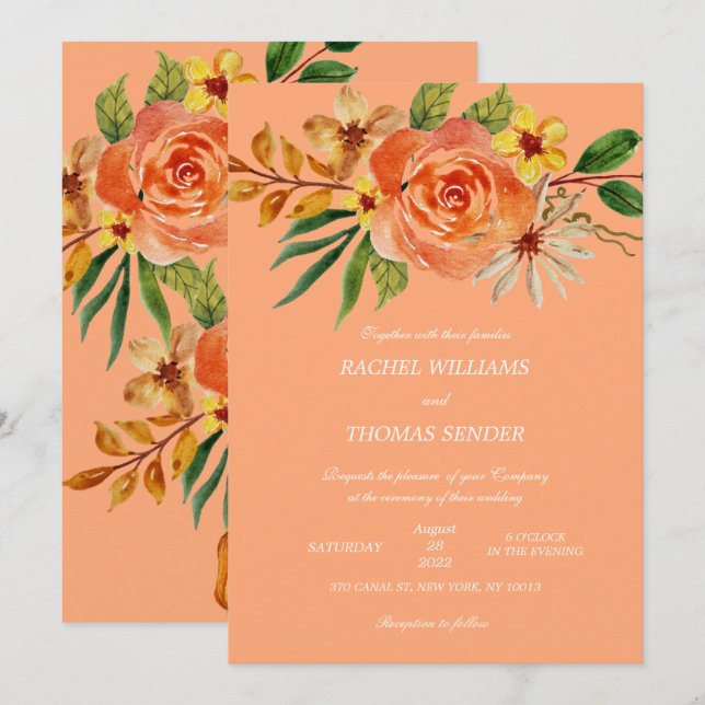 Convites Casamento Floral Russo Autumn Watercolor Invitati (Frente/Verso)