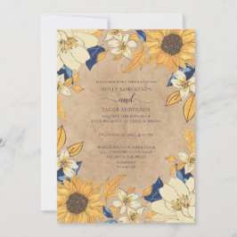 Convites Casamento Floral Russo Azul-Girassol Amarelo