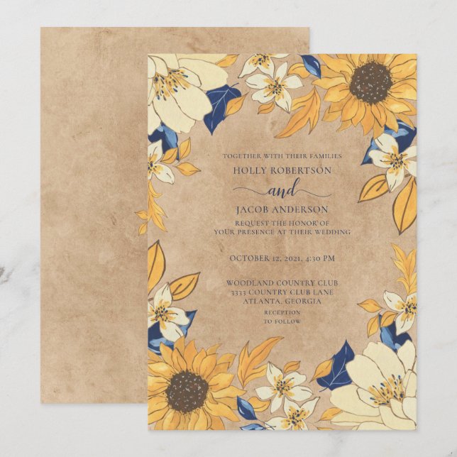 Convites Casamento Floral Russo Azul-Girassol Amarelo (Frente/Verso)