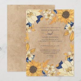 Convites Casamento Floral Russo Azul-Girassol Amarelo